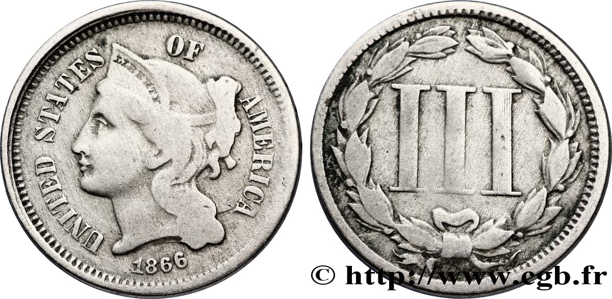 VEREINIGTE STAATEN VON AMERIKA 3 Cents 1866 Philadelphie S 