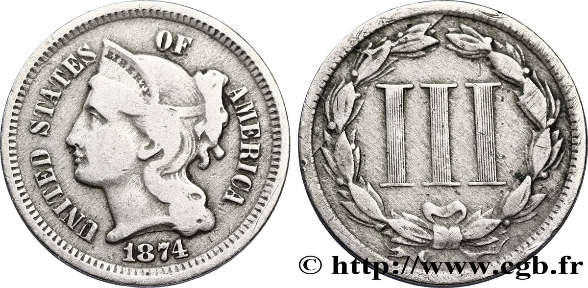 VEREINIGTE STAATEN VON AMERIKA 3 Cents 1874  S 