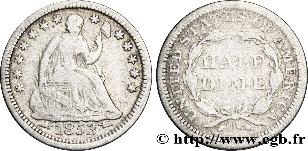 STATI UNITI D AMERICA 1/2 Dime Liberté assise variété avec date encadrée par des flèches 1853 Philadelphie MB 