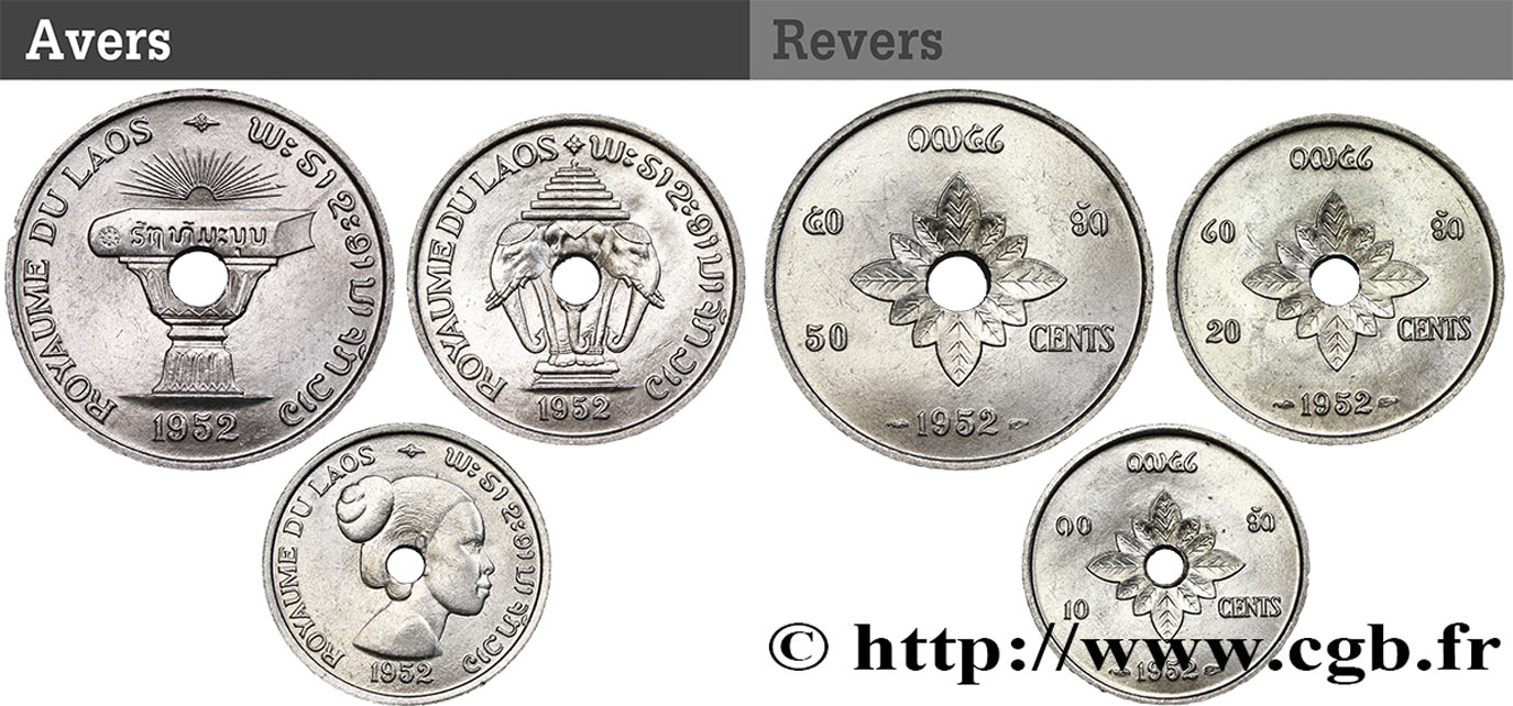 LAOS Lot de 3 monnaies 10, 20 et 50 Cents 1952 Paris fST 