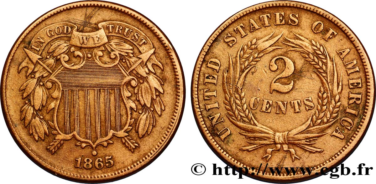 UNITED STATES OF AMERICA 2 Cents Bouclier 1863 Philadelphie XF 