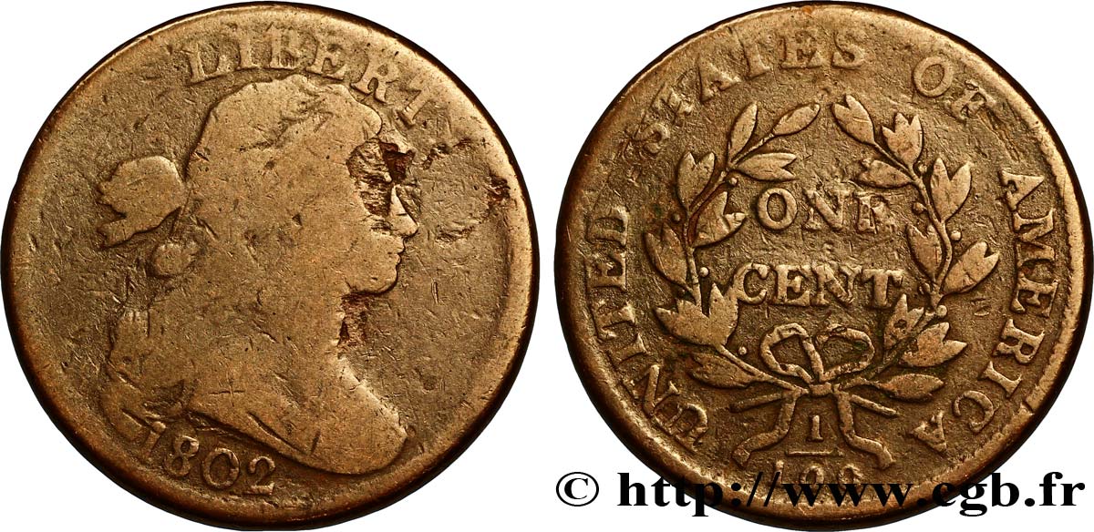 UNITED STATES OF AMERICA 1 Cent type au buste drapé 1796-1807 1802 Philadelphie VG 