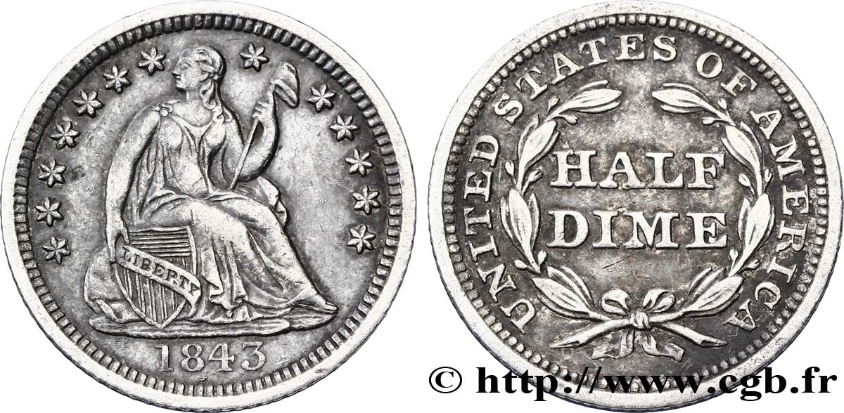 UNITED STATES OF AMERICA 1/2 Dime Liberté assise 1843 Philadelphie XF 