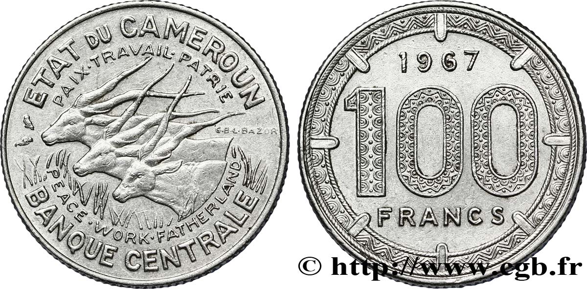 CAMEROON 100 Francs Etat du Cameroun, commémoration de l’indépendance, antilopes 1967 Paris AU 