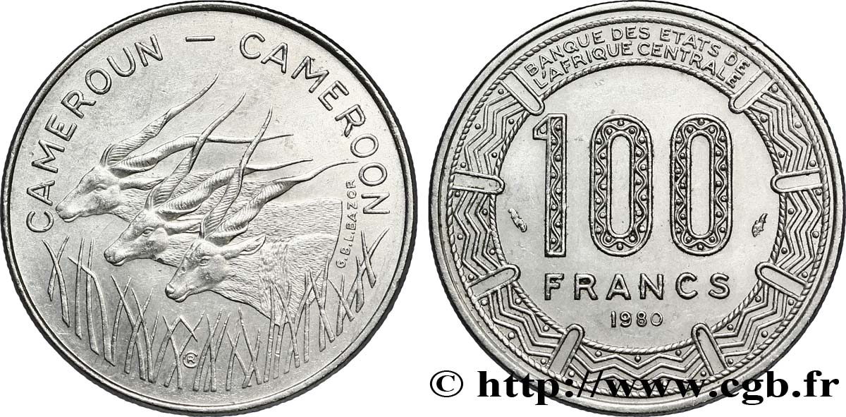 KAMERUN 100 Francs légende bilingue, type BEAC antilopes 1980 Paris VZ 