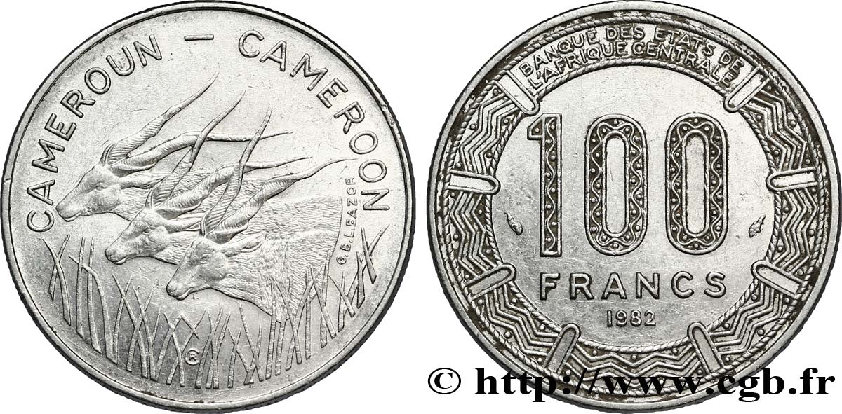 CAMERúN 100 Francs légende bilingue, type BEAC antilopes 1982 Paris MBC 