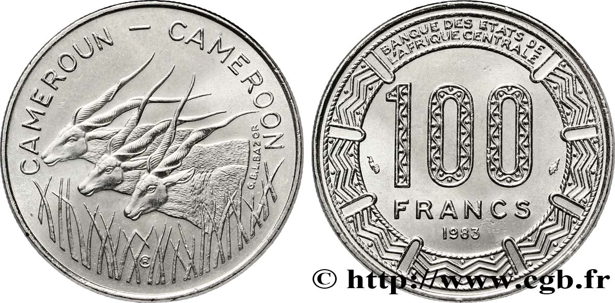 CAMERúN 100 Francs légende bilingue, type BEAC antilopes 1983 Paris SC 