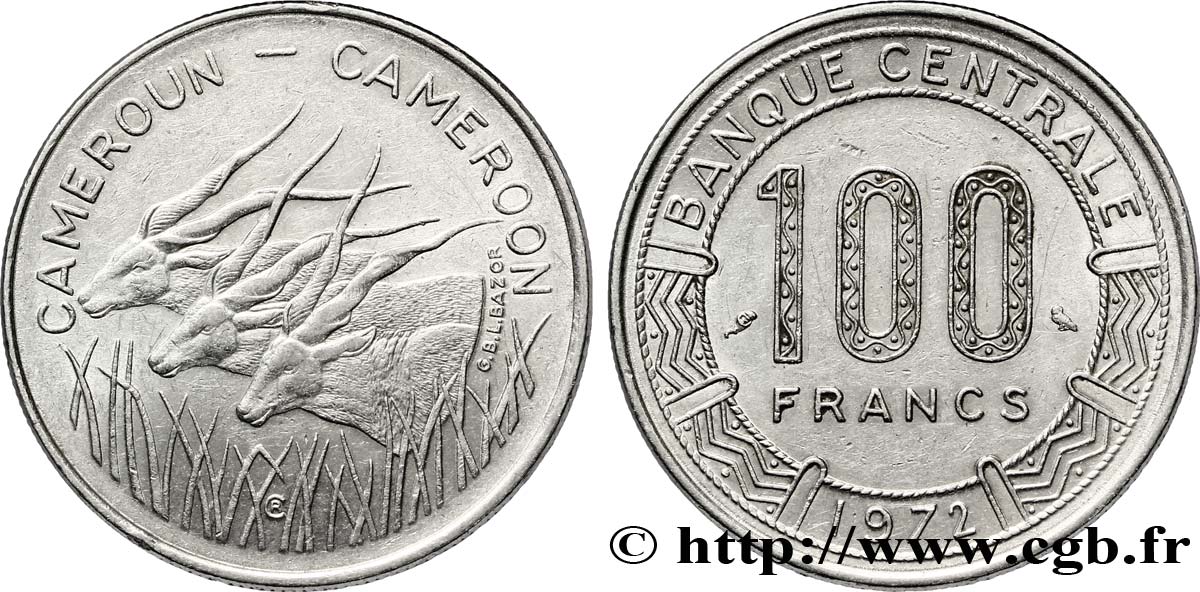 KAMERUN 100 Francs légende bilingue, type Banque Centrale, antilopes 1972 Paris VZ 