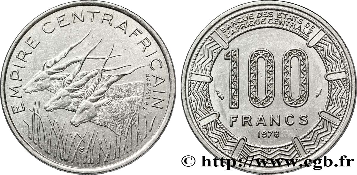 CENTRAL AFRICAN REPUBLIC 100 Francs “Empire Centrafricain” antilopes 1978 Paris AU 
