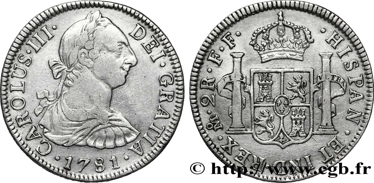 MEXIKO 2 Reales Charles III tête laurée  / écu aux colonnes 1781 Mexico fSS 