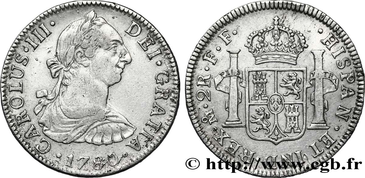 MÉXICO 2 Reales Charles III tête laurée  / écu aux colonnes 1780 Mexico MBC 