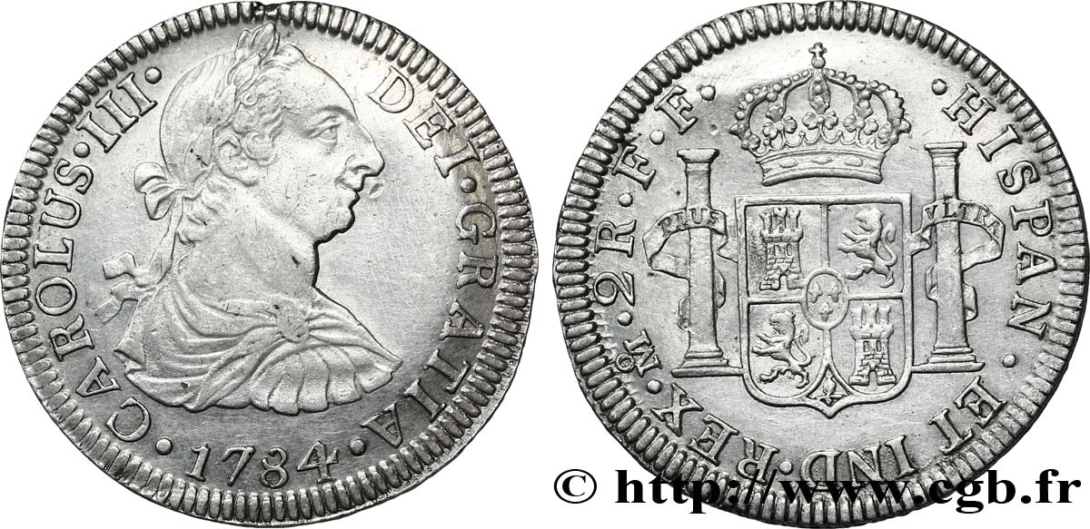 MEXIKO 2 Reales Charles III tête laurée  / écu aux colonnes 1784 Mexico fVZ 