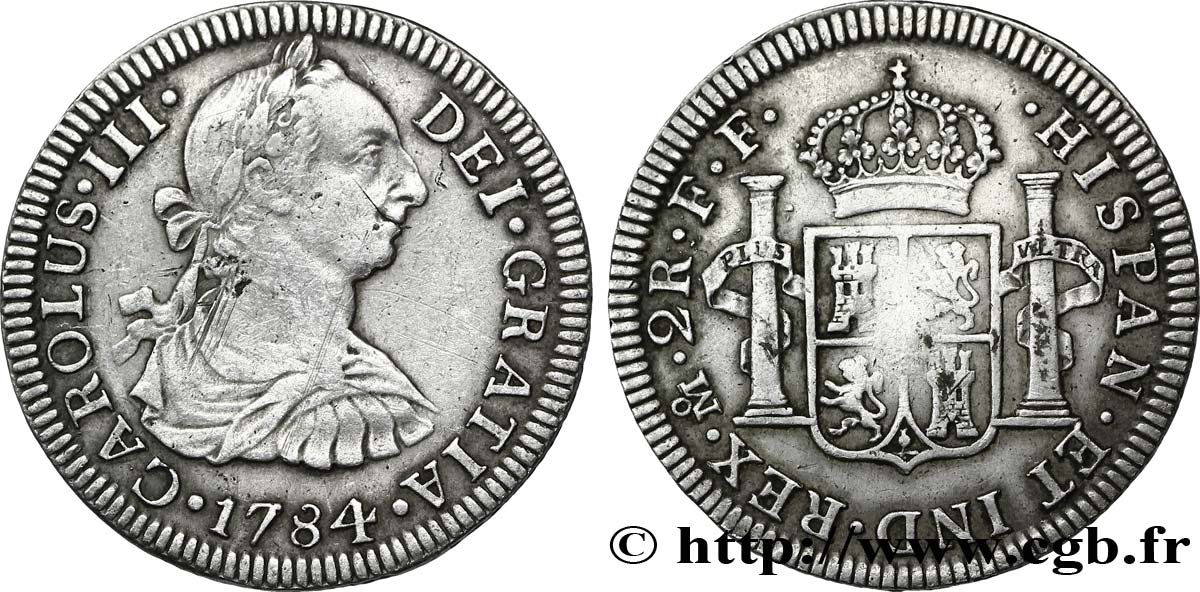 MESSICO 2 Reales Charles III tête laurée  / écu aux colonnes 1784 Mexico q.BB 