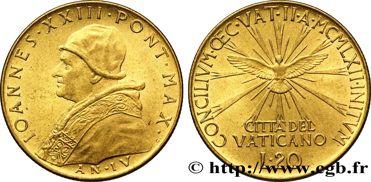 VATICAN AND PAPAL STATES 20 Lire Jean XXIII an IV / Second Conseil Oecuménique 1962 Rome AU 
