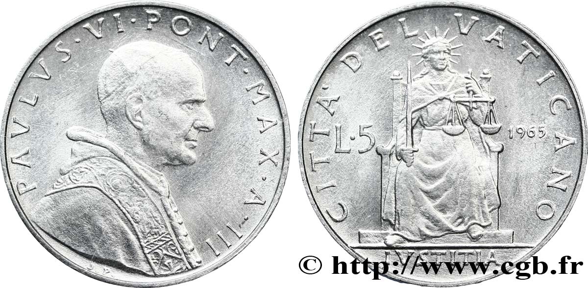 VATICANO Y ESTADOS PONTIFICIOS 5 Lire Paul VI an III / la Justice 1965 Rome SC 
