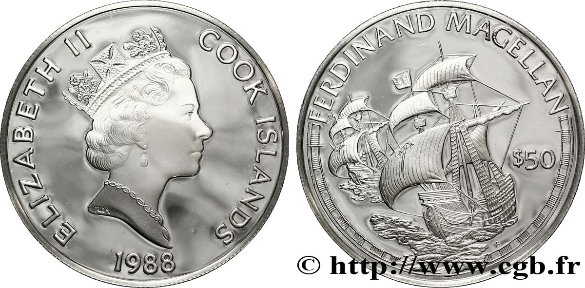 COOK ISLANDS 50 Dollars ‘proof’ Elisabeth II / grands explorateurs Fernand Magellan 1988  MS 