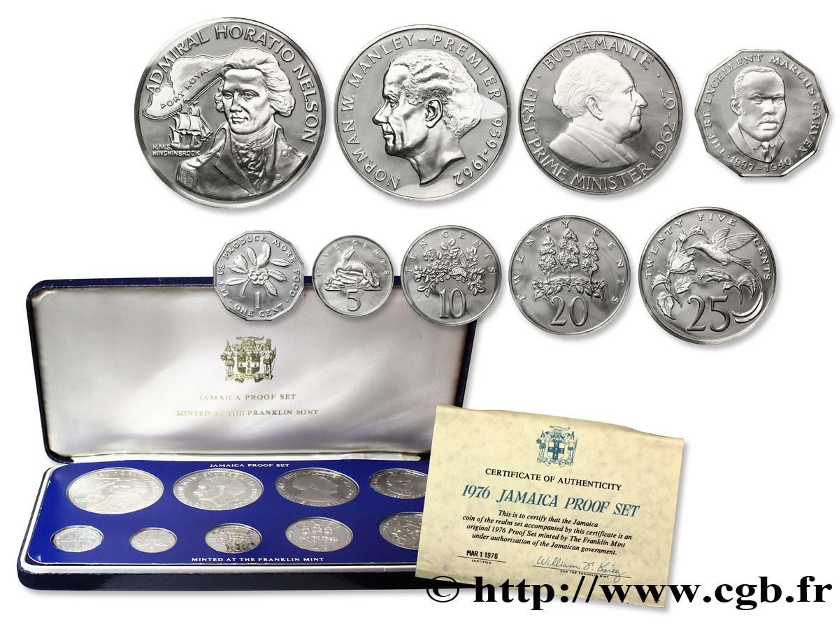 JAMAICA Série de 9 monnaies Proof 1976 Franklin Mint MS 