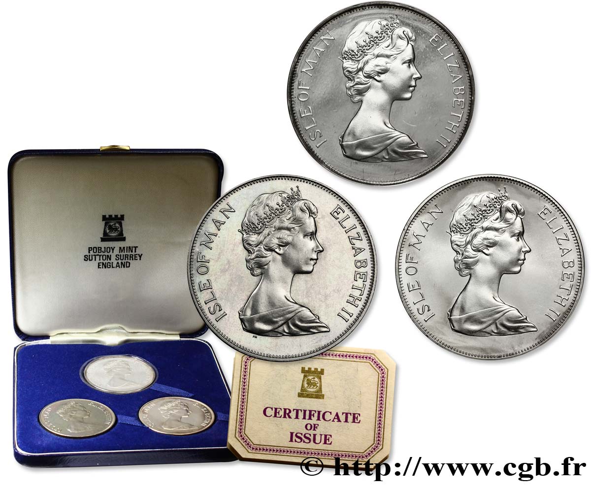 ISLE OF MAN Coffret de 3 monnaies de 1 Crown Elisabeth II, jubilé d’argent 1977  MS 