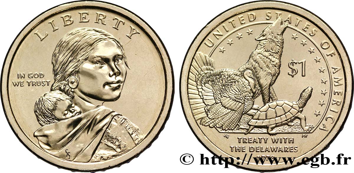 UNITED STATES OF AMERICA 1 Dollar Sacagawea / Traité avec les Delawares  type tranche A 2013 Denver MS 