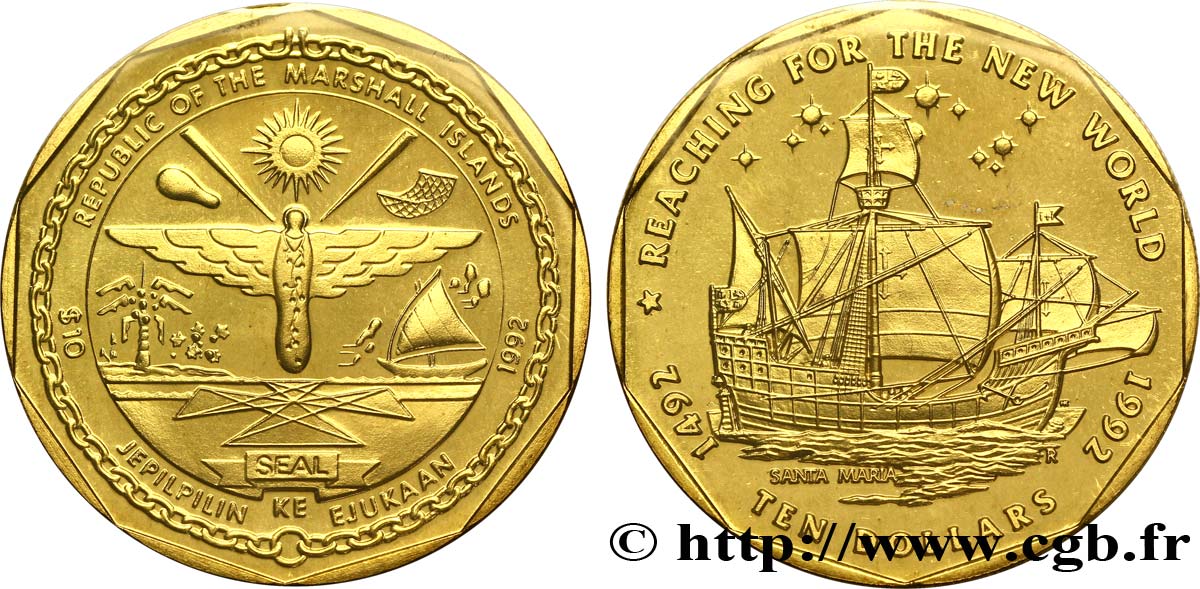 MARSHALL ISLANDS 10 Dollars armes 500e anniversaire de la découverte du Nouveau Monde 1992 Roger Williams Mint MS 