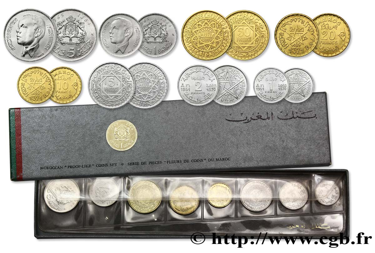MARUECOS Série de 8 Monnaies AH 1370-1384 1951-1965 Paris FDC 