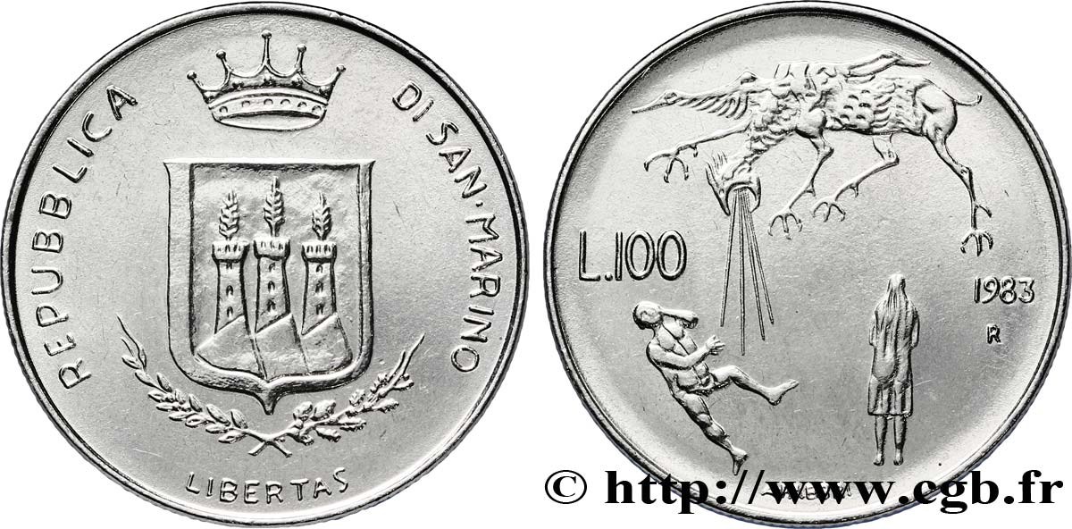 SAN MARINO 100 Lire emblème aux 3 tours / allégorie de la menace atomique 1983  ST 