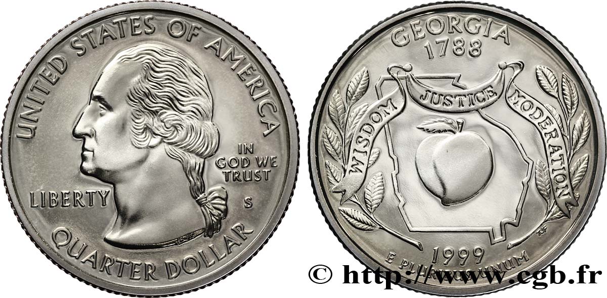 STATI UNITI D AMERICA 1/4 Dollar Proof Georgie : pêche et contour de l’état 1999 San Francisco - S FDC 