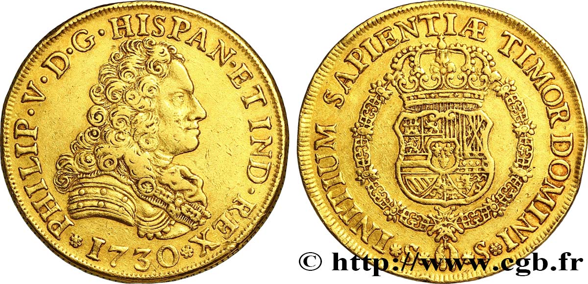 SPAIN 8 Escudos Philippe V 1730 Séville XF/AU 