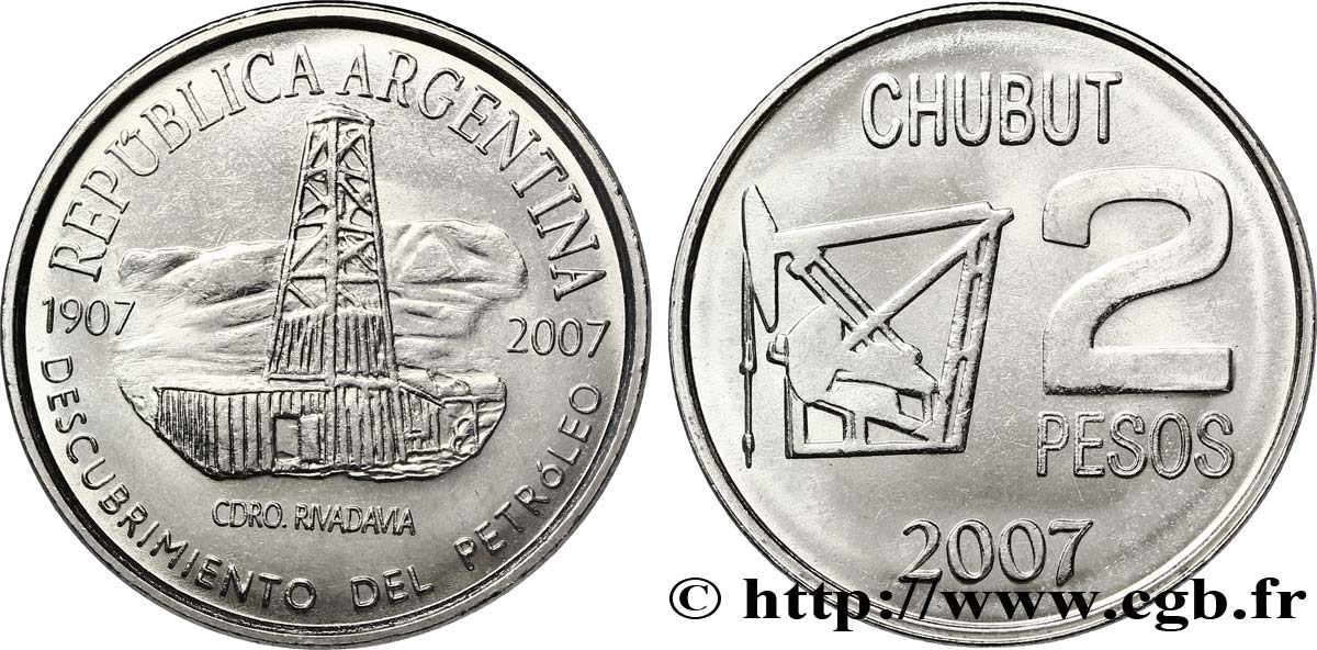 ARGENTINE 2 Pesos 100e anniversaire découverte du pétrole de la province de Chubut 2007  SUP 