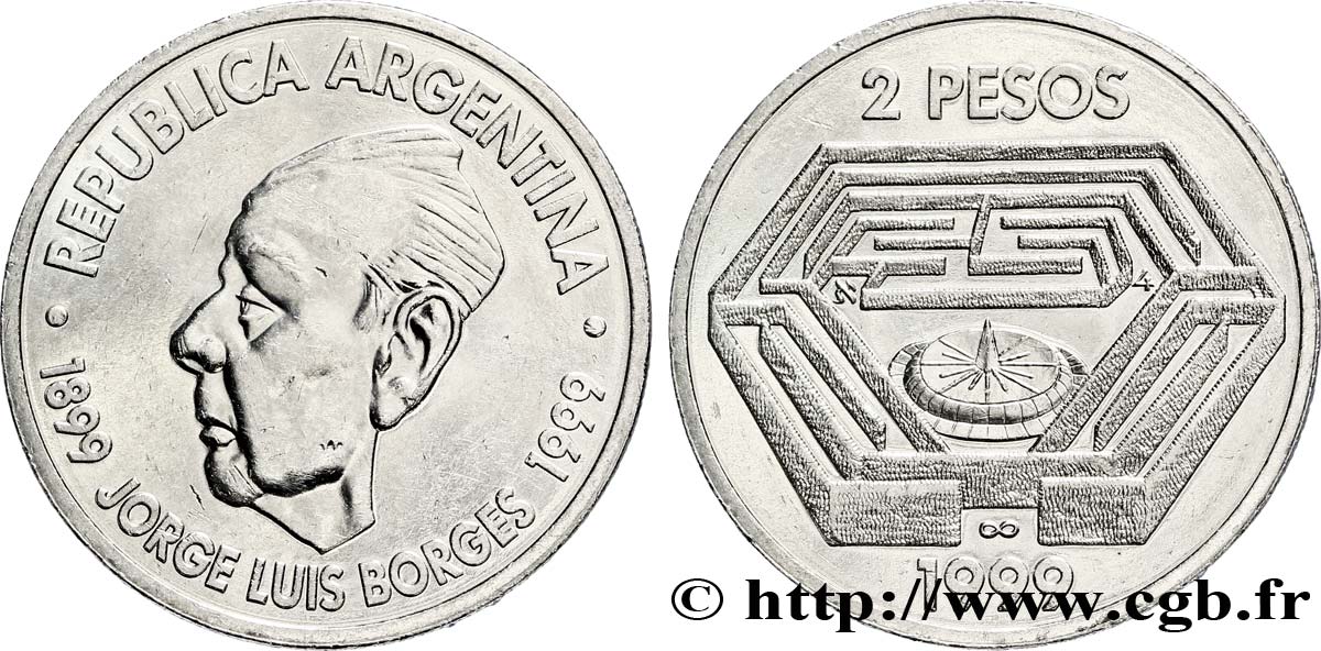 ARGENTINE 2 Pesos 100e anniversaire de la naissance de Jroge Luis Borges 1999  SUP 