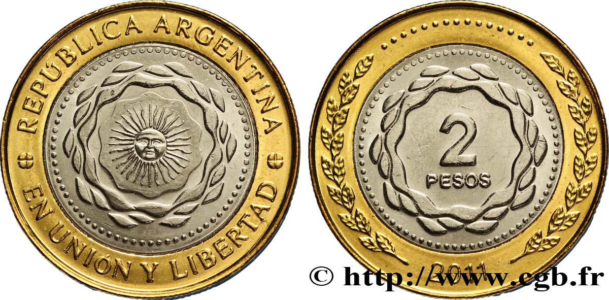 ARGENTINE 2 Pesos soleil frappe médaille 2011  SPL 
