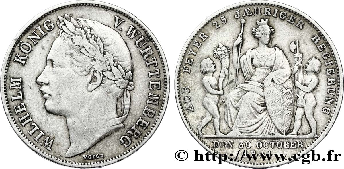 GERMANY - WÜRTTEMBERG 1 Gulden 25 ans de règne de Guillaume Ier 1843 Stuttgart XF 