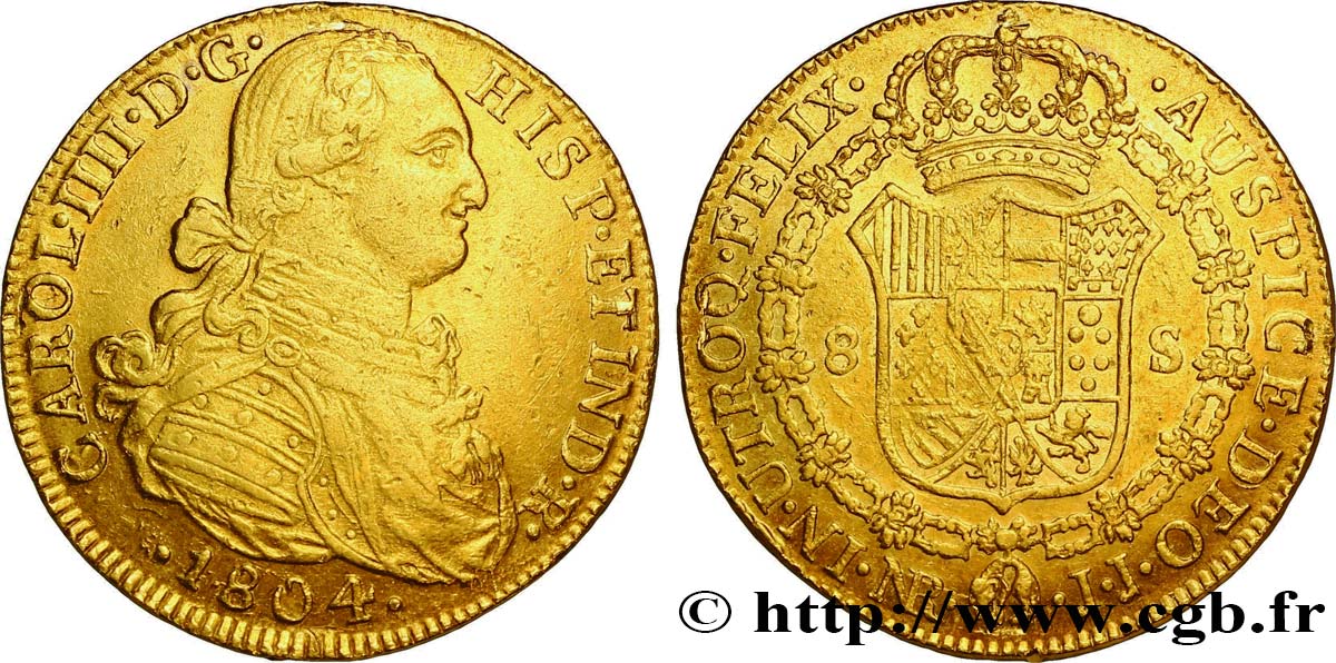 COLOMBIA 8 Escudos or Charles IV d’Espagne 1804 Nuevo Reino (Bogota) VF 
