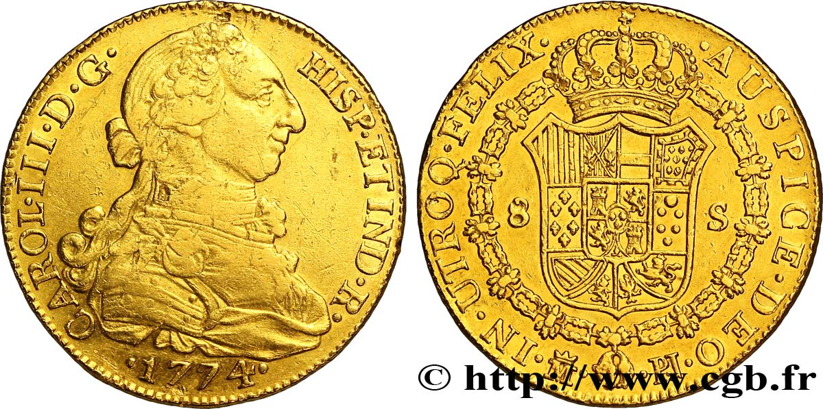 SPAGNA 8 Escudos or Charles III d’Espagne 1774 Madrid q.BB 