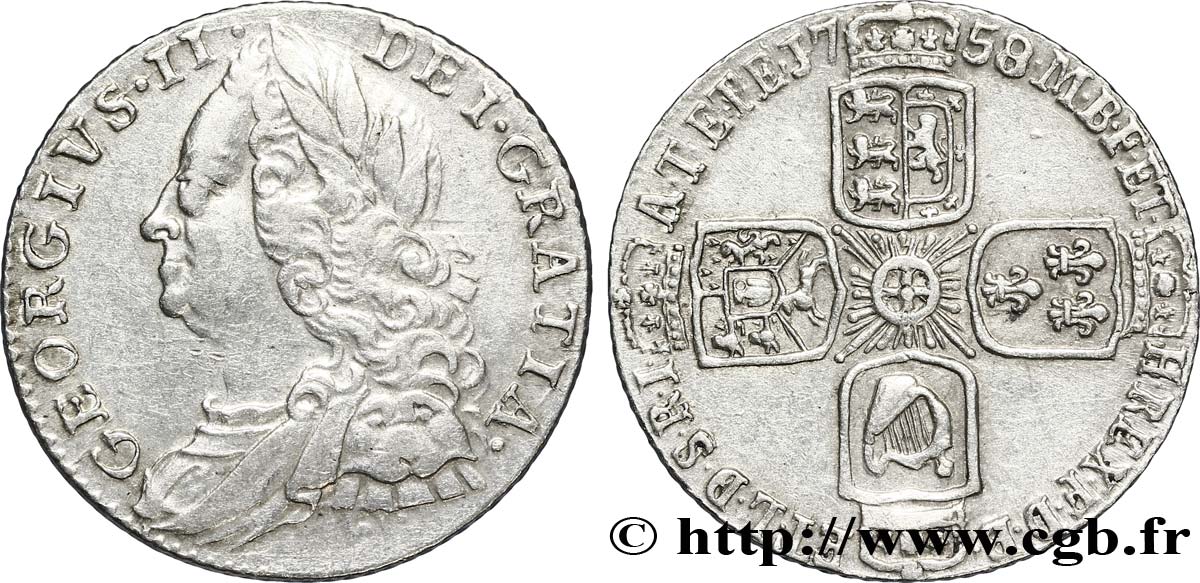 VEREINIGTEN KÖNIGREICH 6 Pence Georges II / emblème variété 1758/7 1758  fVZ 