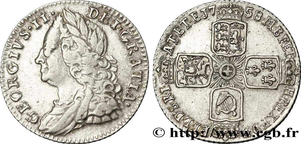 ROYAUME-UNI 1 Shilling Georges II 1758  TTB 