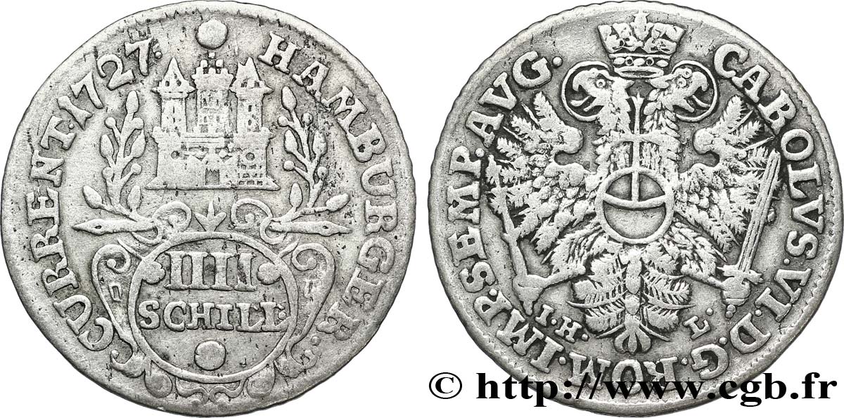 ALEMANIA - CIUDAD LIBRE DE HAMBURGO 4 (IIII) Schilling armes de la ville / aigle impérial 1727 Hambourg MBC 