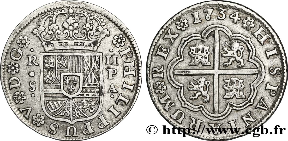 SPAIN 2 Reales au nom de Philippe V d’Espagne 1734 Séville XF 