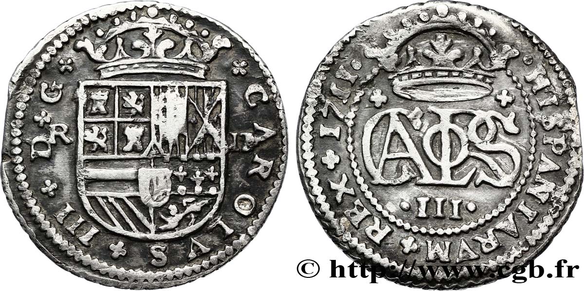 ESPAÑA 2 Reales Charles III archiduc prétendant 1711 Barcelone BC+ 