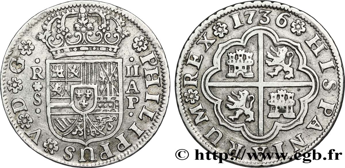 SPAIN 2 Reales au nom de Philippe V d’Espagne 1736 Séville XF 