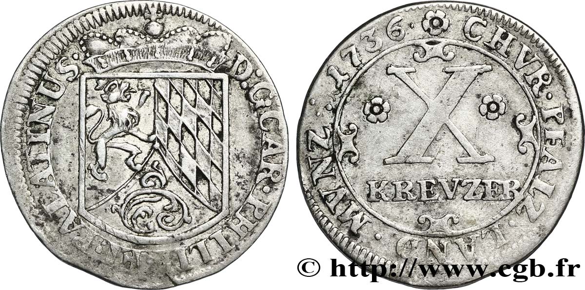 GERMANIA - PALATINATO 10 (X) Kreuzer au nom de Charles III Philippe 1736  BB 