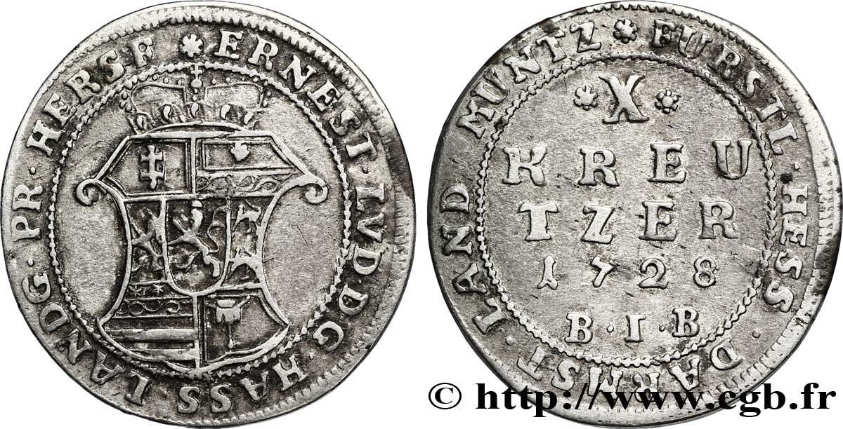 ALLEMAGNE - HESSE 10 (X) Kreuzer Hesse-Darmstadt 1728  TTB 