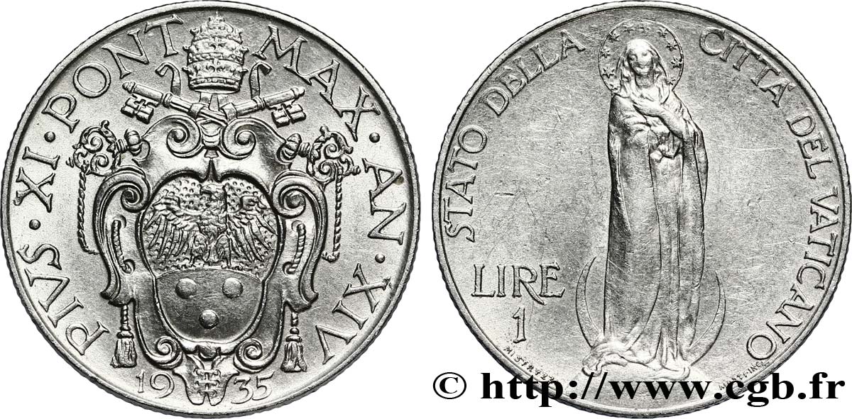 VATICANO E STATO PONTIFICIO 1 Lire frappe au nom de Pie XI an XV / Vierge sur un globe 1935 Rome SPL 