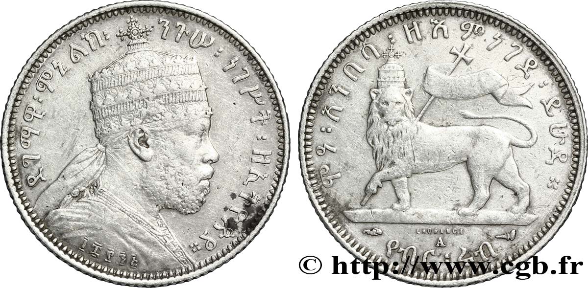 ETIOPIA 1/4 Birr roi Menelik II EE1895 1903 Paris - A BC+ 