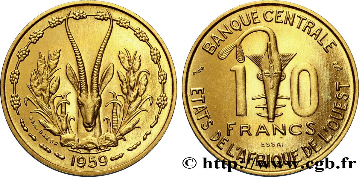 ÉTATS DE L AFRIQUE DE L OUEST (BCEAO) Essai 10 Francs masque / antilope 1959  FDC 