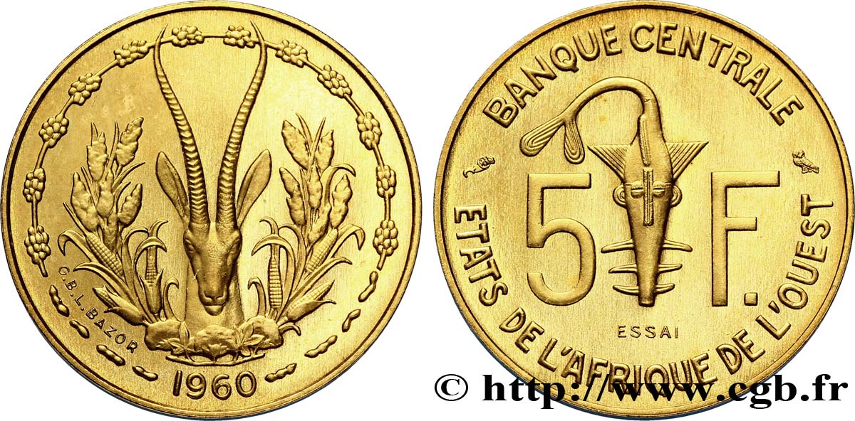 STATI DI L  AFRICA DE L  OVEST Essai 5 Francs masque / antilope 1960 Paris FDC 