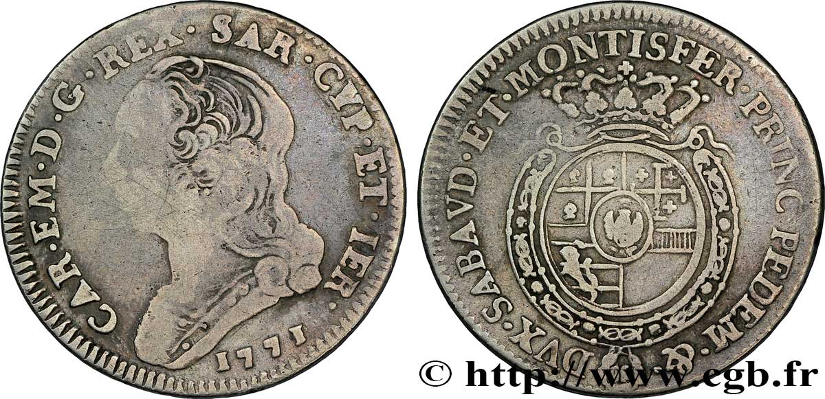 ITALIA - REGNO DE SARDINIA 1/4 Scudo Charles Emmanuel III, Roi de Sardaigne 1771 Turin MB 