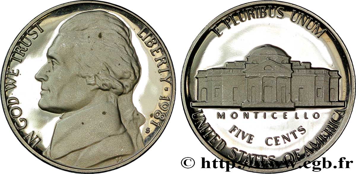 ESTADOS UNIDOS DE AMÉRICA 5 Cents Proof président Thomas Jefferson / Monticello 1981 San Francisco - S SC 