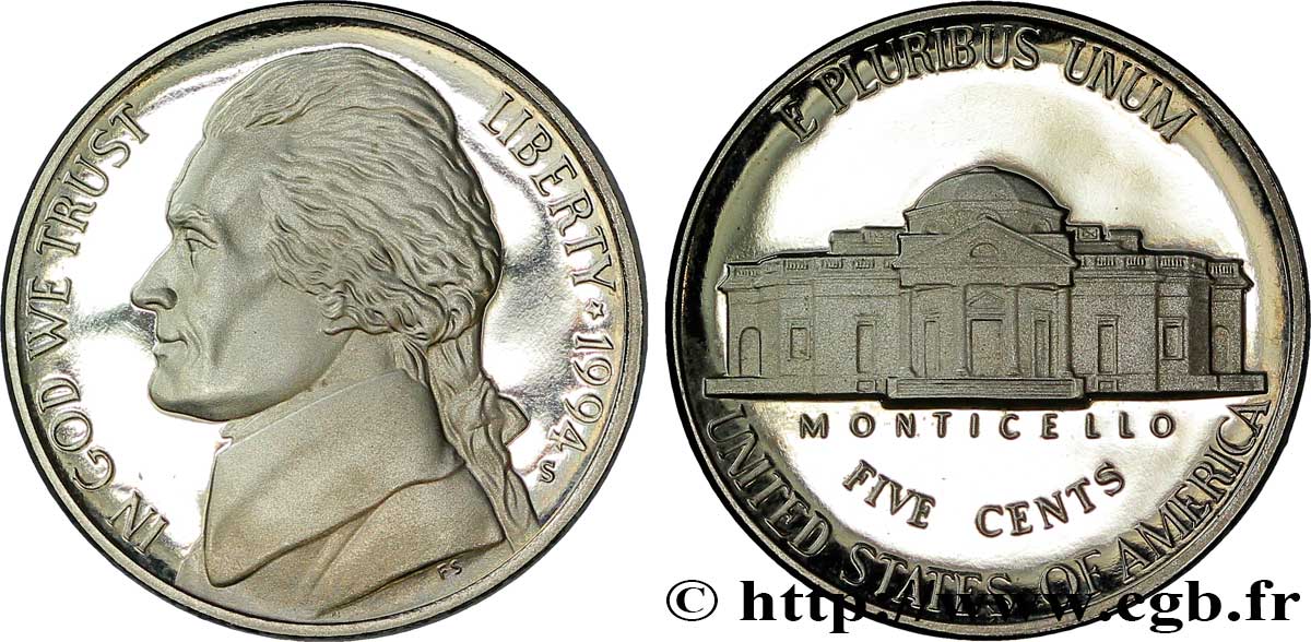 ESTADOS UNIDOS DE AMÉRICA 5 Cents Proof président Thomas Jefferson / Monticello 1994 San Francisco - S SC 