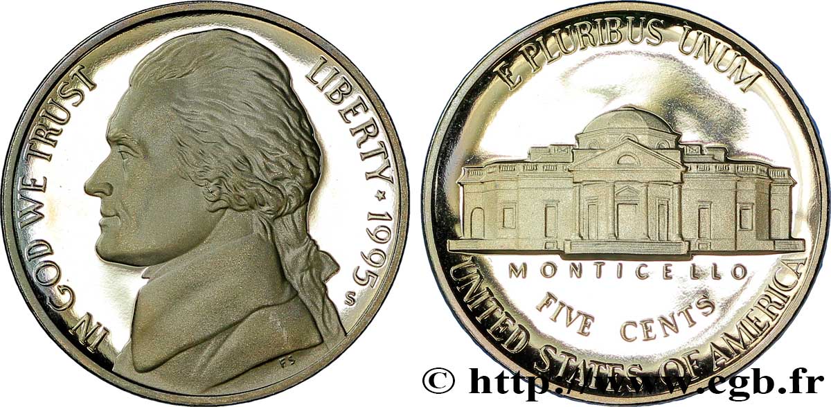STATI UNITI D AMERICA 5 Cents Proof président Thomas Jefferson / Monticello 1995 San Francisco - S FDC 